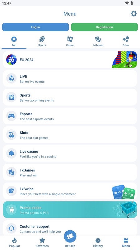 1xBet : menu principal de l’application